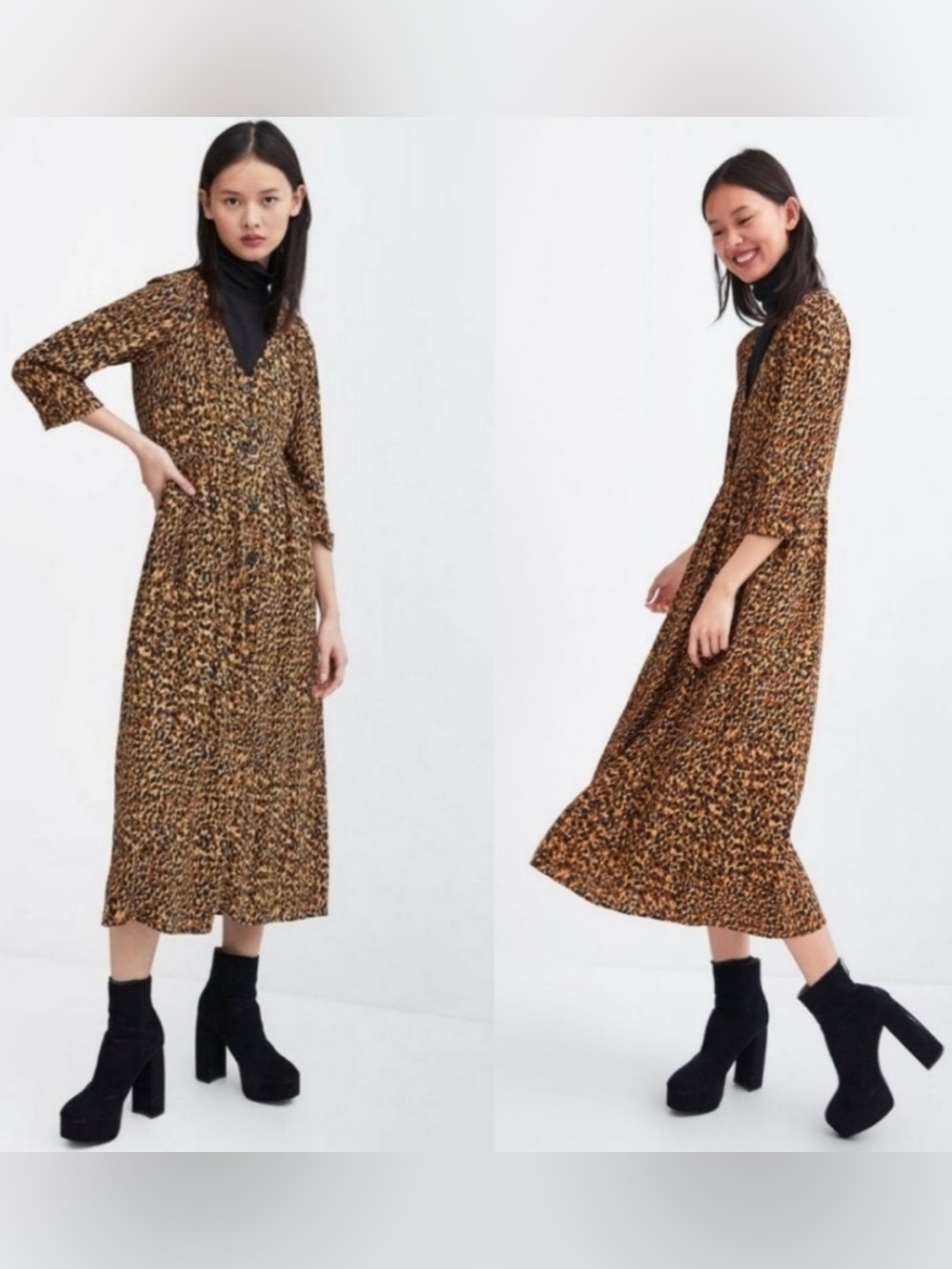 Zara Trf Women's Leopard Print 3/4 Sleeve Button Front Midi Dress size XS